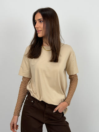 T-Shirt Caramello con Maniche in Pizzo Caramello