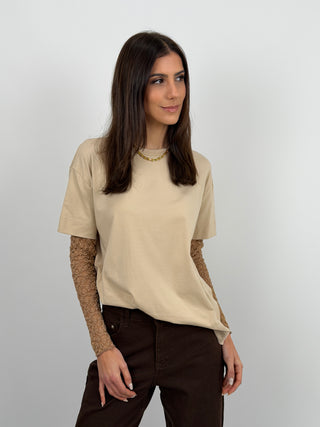 T-Shirt Caramello con Maniche in Pizzo Caramello