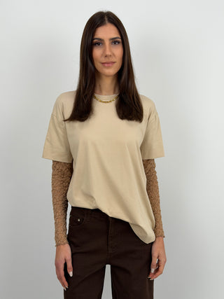 T-Shirt Caramello con Maniche in Pizzo Caramello