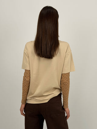 T-Shirt Caramello con Maniche in Pizzo Caramello