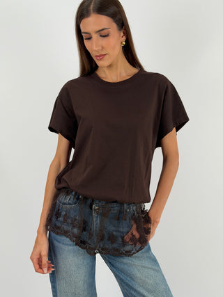 T-shirt Balloon con Pizzo Marrone Lumina - T-shirt marrone Lumina a girocollo, a palloncino, con inserto asimmetrico in pizzo sul fondo | Paloma Store