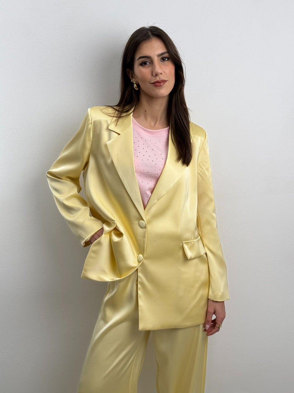 Completo Giallo Satin con Blazer e Pantalone Palazzo Paloma