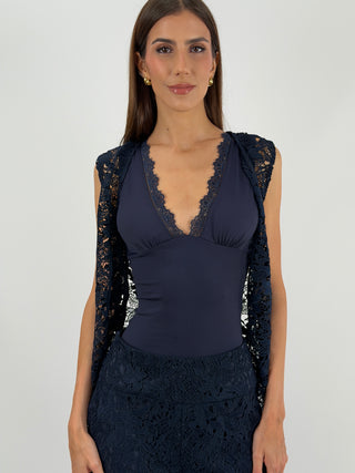 Top Scollo a V con Pizzo Blu