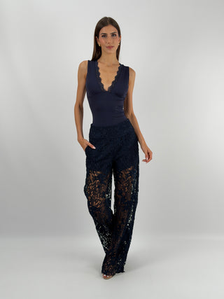 Top Scollo a V con Pizzo Blu