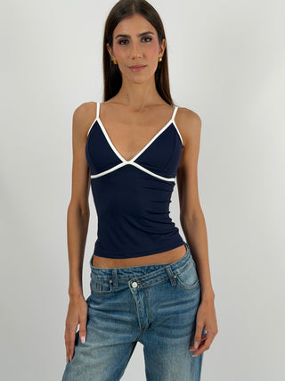 Top Blu con Bordo a Contrasto