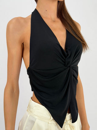 Top Halter Nero con Dettaglio Gioiello
