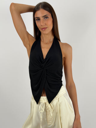 Top Halter Nero con Dettaglio Gioiello