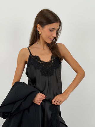 Top Satin con Pizzo Nero