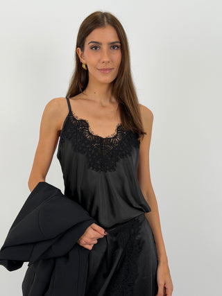 Top Satin con Pizzo Nero