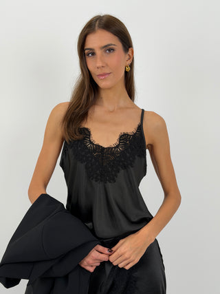 Top Satin con Pizzo Nero