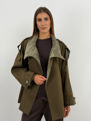 Trench con Inserti in Velluto Khaki