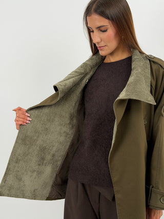 Trench con Inserti in Velluto Khaki