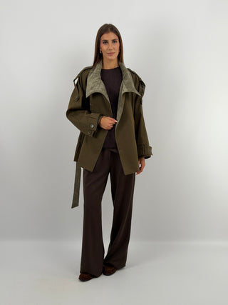 Trench con Inserti in Velluto Khaki