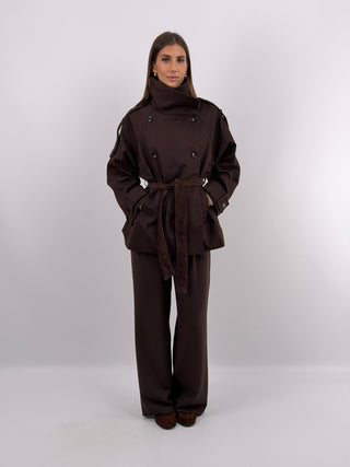 Trench con Inserti in Velluto Marrone