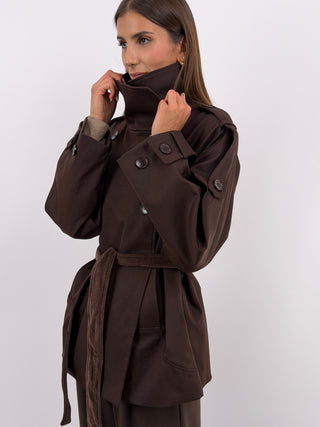 Trench con Inserti in Velluto Marrone