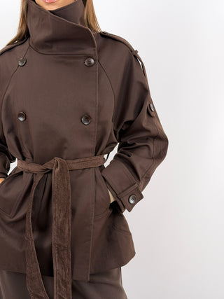 Trench con Inserti in Velluto Marrone