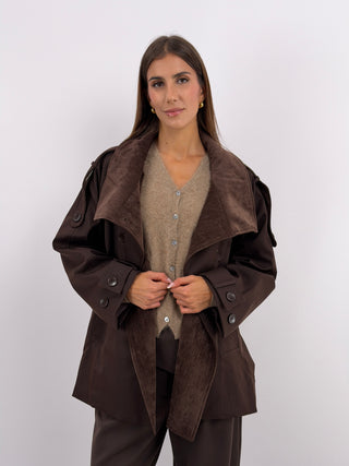 Trench con Inserti in Velluto Marrone