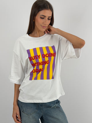 T-shirt Bianca con Stampa Busy Doing Nothing Today Lumina