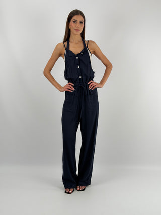 Tuta con Pizzo Blu Lumina - Tuta blu Lumina con pantalone lungo, spalline sottili e doppio top, con inserti in pizzo, elastico in vita e | Paloma Store