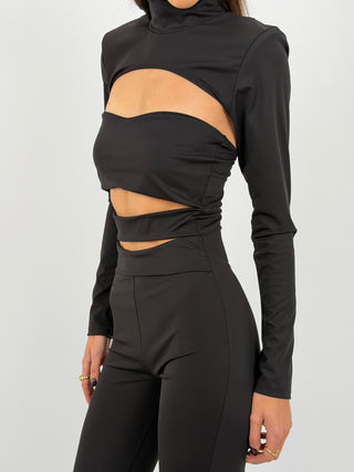 Tuta Due Pezzi Nera con Cut Out e Copri Spalle