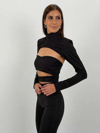 Tuta Due Pezzi Nera con Cut Out e Copri Spalle