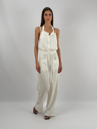 Tuta con Pizzo Panna Lumina - Tuta panna Lumina con pantalone lungo, spalline sottili e doppio top, con inserti in pizzo, elastico in vita | Paloma Store